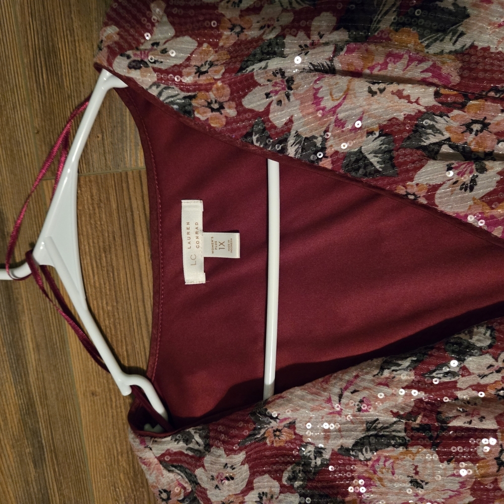 Lauran Conrad Floral Burgundy Sequin Dress with Belt - Picture 2 of 6